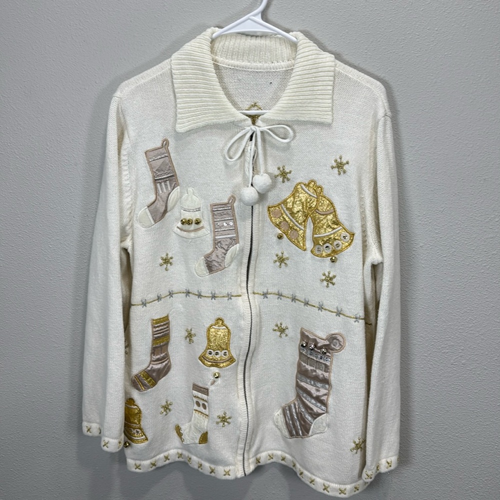 Vintage  ugly‎ Christmas sweater jingle bell white gold